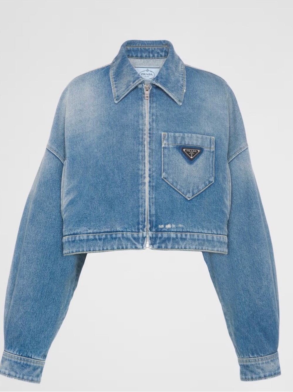 Prada Organic vintage looking Light Blue Cropped Denim Jacket with Logo Pocket